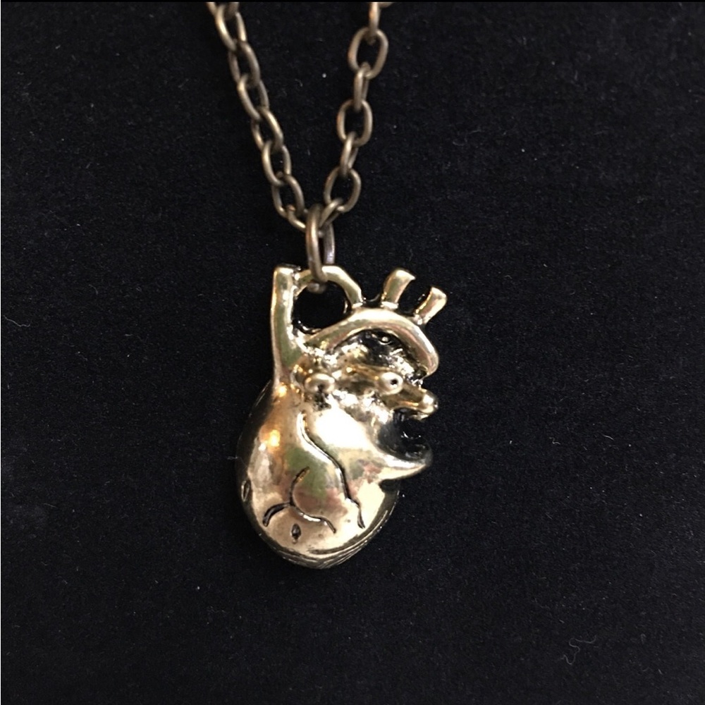 Anatomically Correct Heart Necklace Faux Antique Gold 20 inch Valentines Day! - Picture 3 of 5